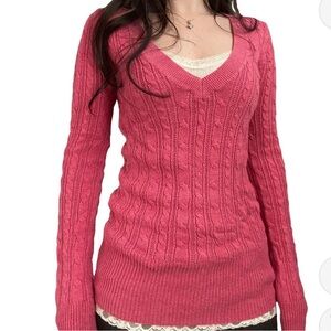 Vintage American Eagle Outfitters Cute Pink Low V Neck Knit Sweater